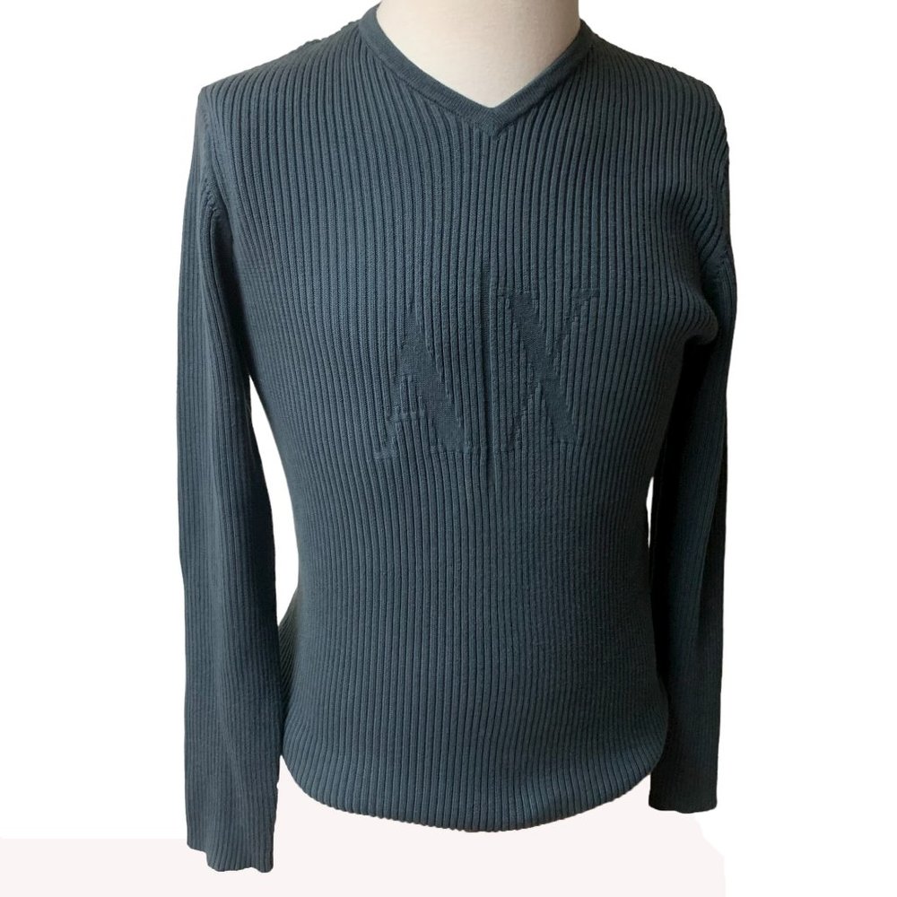 ARMANI EXCHANGE Midnight Blue Ribbed Knit Logo V Neck Long Sleeve Sweater‎